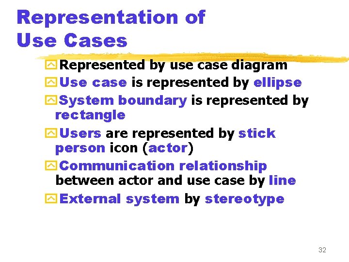 Representation of Use Cases y. Represented by use case diagram y. Use case is