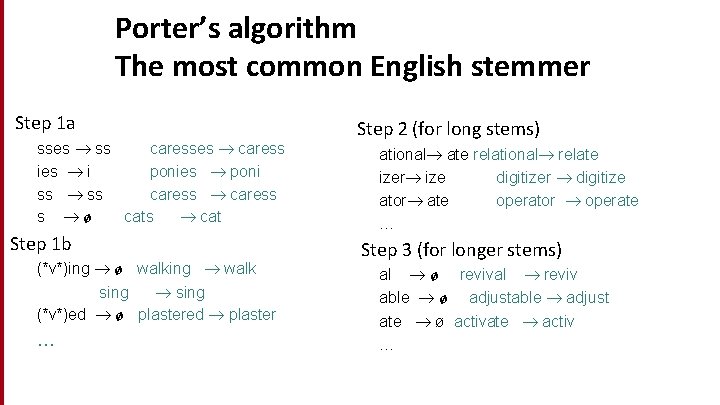 Porter’s algorithm The most common English stemmer Step 1 a sses ss caresses caress