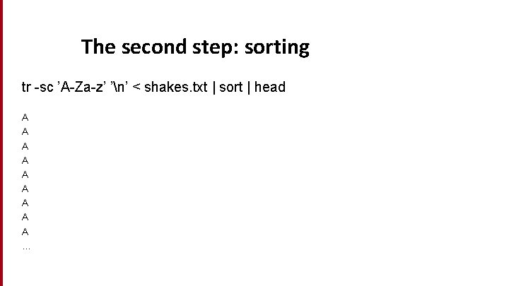 The second step: sorting tr -sc ’A-Za-z’ ’n’ < shakes. txt | sort |