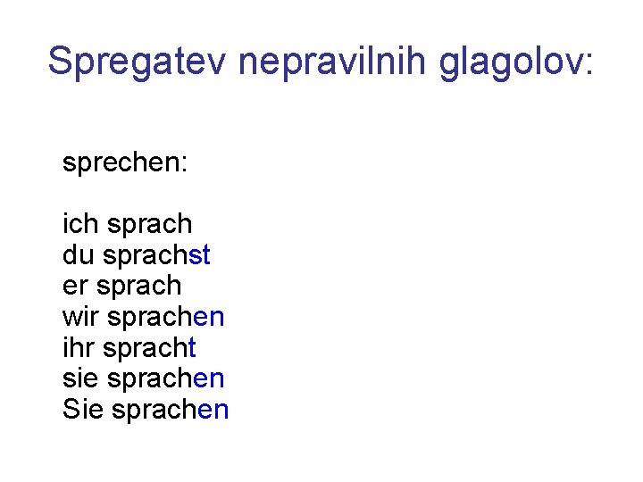 Spregatev nepravilnih glagolov: sprechen: ich sprach du sprachst er sprach wir sprachen ihr spracht