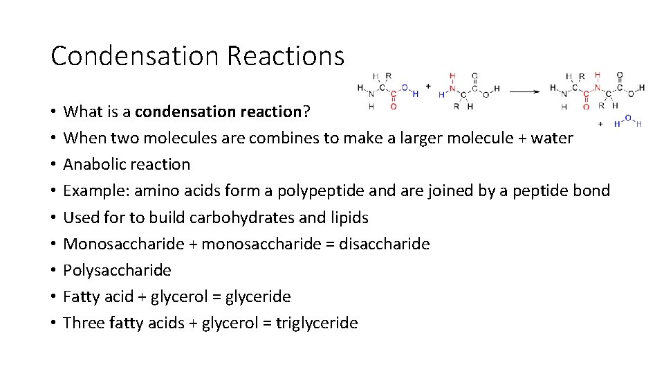 Condensation Reactions • • • What is a condensation reaction? When two molecules are Condensation Reactions • • • What is a condensation reaction? When two molecules are