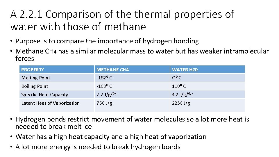 A 2. 2. 1 Comparison of thermal properties of water with those of methane A 2. 2. 1 Comparison of thermal properties of water with those of methane