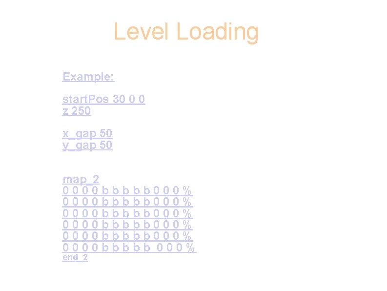 Level Loading Example: start. Pos 30 0 0 z 250 x_gap 50 y_gap 50