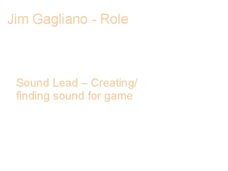 Jim Gagliano - Role Sound Lead – Creating/ finding sound for game 