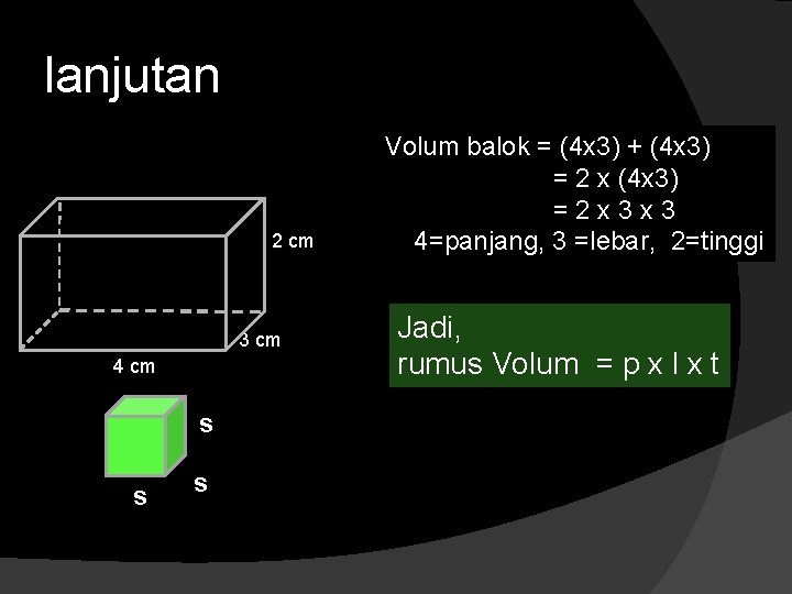 lanjutan 2 cm 3 cm 4 cm s s s Volum balok = (4