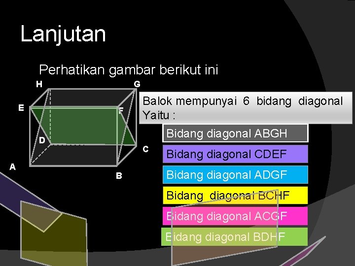 Lanjutan Perhatikan gambar berikut ini H E G F Bidang diagonal ABGH D A