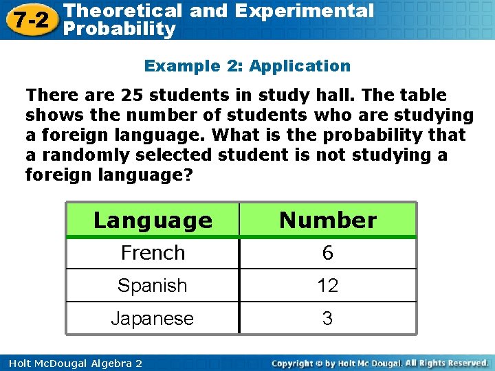 Theoretical and Experimental 7 -2 Probability Example 2: Application There are 25 students in Theoretical and Experimental 7 -2 Probability Example 2: Application There are 25 students in