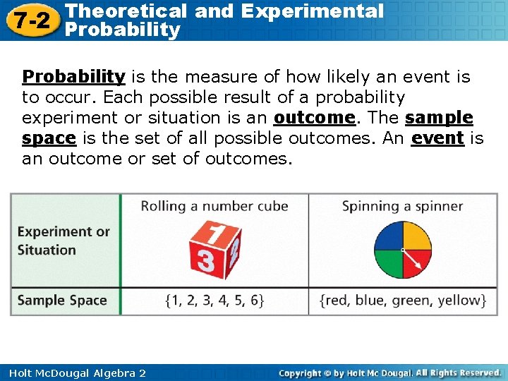 Theoretical and Experimental 7 -2 Probability is the measure of how likely an event