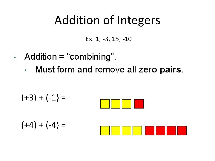 Addition of Integers Ex. 1, -3, 15, -10 • Addition = “combining”. • Must