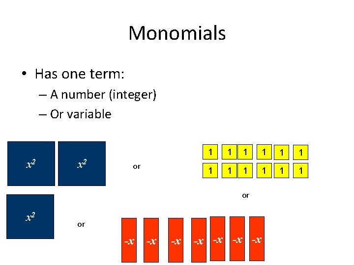 Monomials • Has one term: – A number (integer) – Or variable x 2