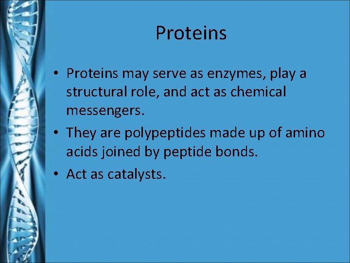 Proteins • Proteins may serve as enzymes, play a structural role, and act as