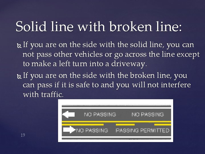 Solid line with broken line: If you are on the side with the solid