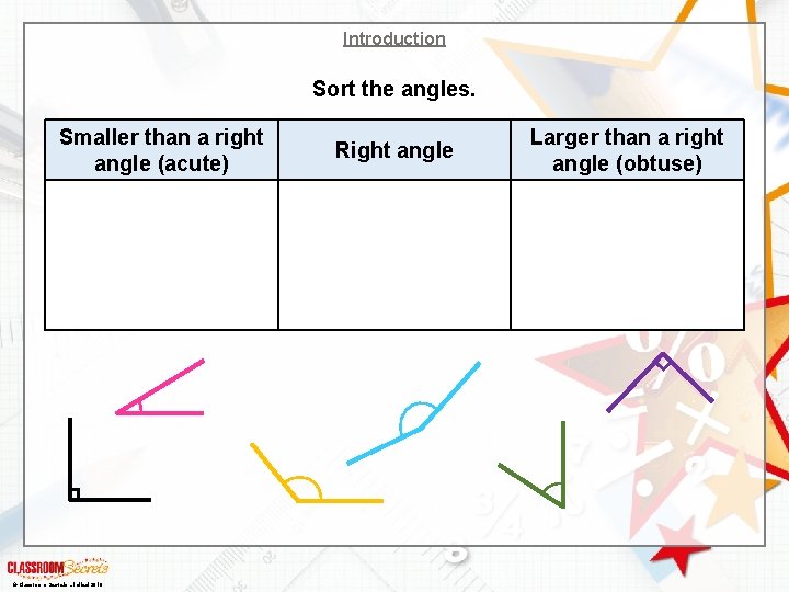 Introduction Sort the angles. Smaller than a right angle (acute) © Classroom Secrets Limited
