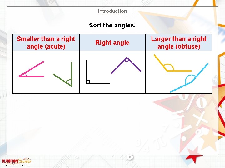 Introduction Sort the angles. Smaller than a right angle (acute) © Classroom Secrets Limited