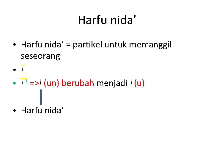 Harfu nida’ ● Harfu nida’ = partikel untuk memanggil seseorang ﺍ ( ﺍ>= ﺍ