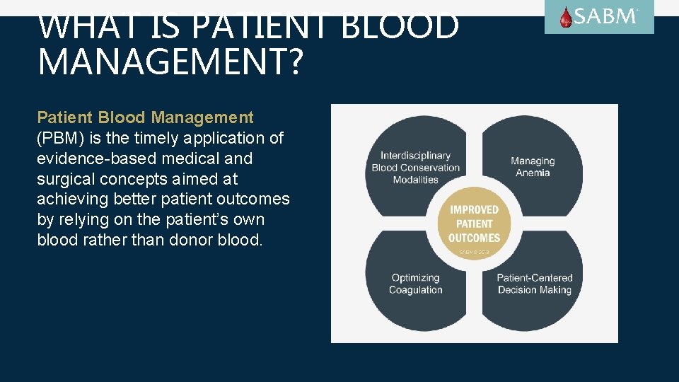 WHAT IS PATIENT BLOOD MANAGEMENT? Patient Blood Management (PBM) is the timely application of