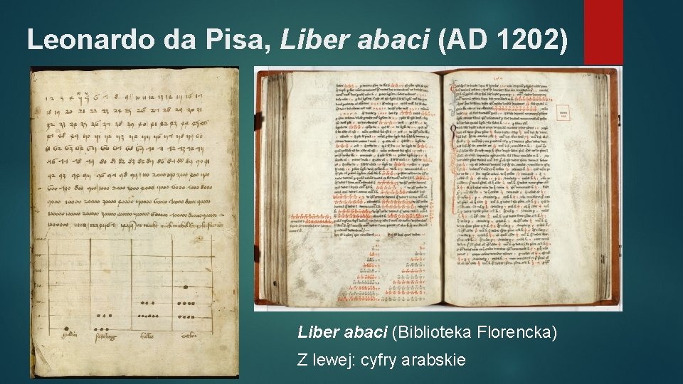 Leonardo da Pisa, Liber abaci (AD 1202) Liber abaci (Biblioteka Florencka) Z lewej: cyfry