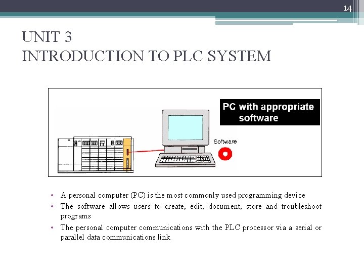 14 UNIT 3 INTRODUCTION TO PLC SYSTEM • A personal computer (PC) is the