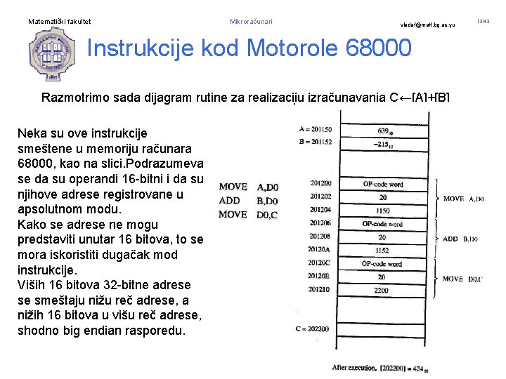 Matematički fakultet Mikroračunari vladaf@matf. bg. ac. yu Instrukcije kod Motorole 68000 Razmotrimo sada dijagram