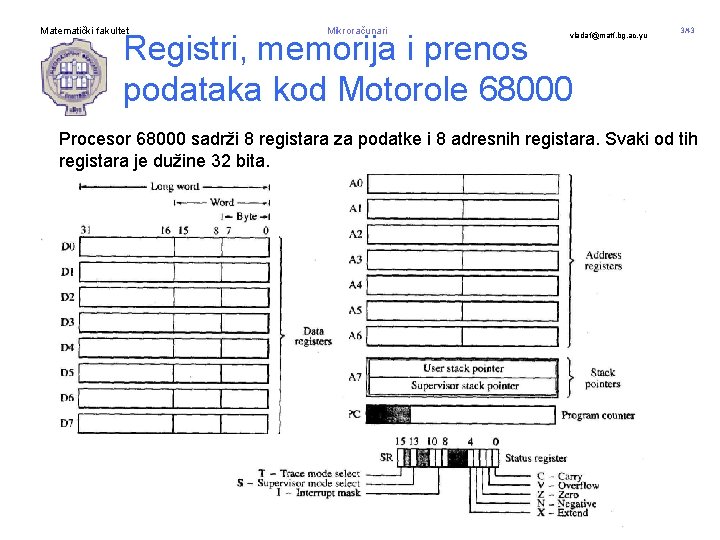 Matematički fakultet Mikroračunari Registri, memorija i prenos podataka kod Motorole 68000 vladaf@matf. bg. ac.