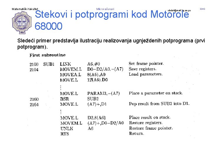 Matematički fakultet Mikroračunari Stekovi i potprogrami kod Motorole 68000 vladaf@matf. bg. ac. yu 33/43