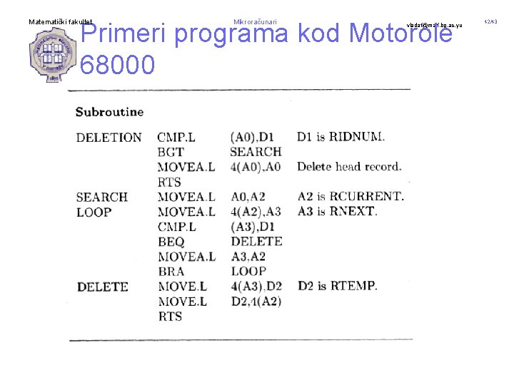 Primeri programa kod Motorole 68000 Matematički fakultet Mikroračunari vladaf@matf. bg. ac. yu 42/43 