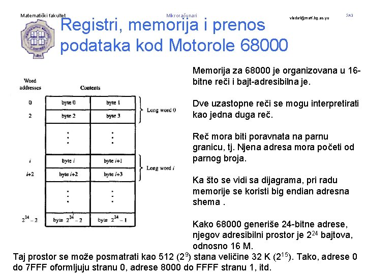 Matematički fakultet Mikroračunari Registri, memorija i prenos podataka kod Motorole 68000 vladaf@matf. bg. ac.