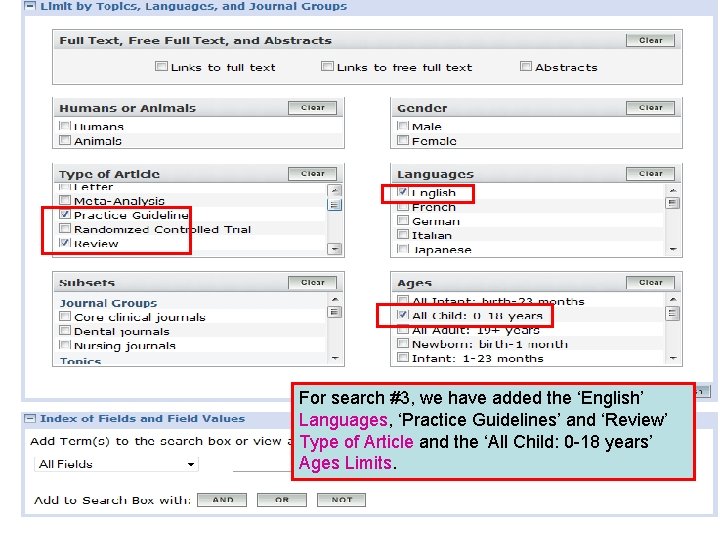 For search #3, we have added the ‘English’ Languages, ‘Practice Guidelines’ and ‘Review’ Type