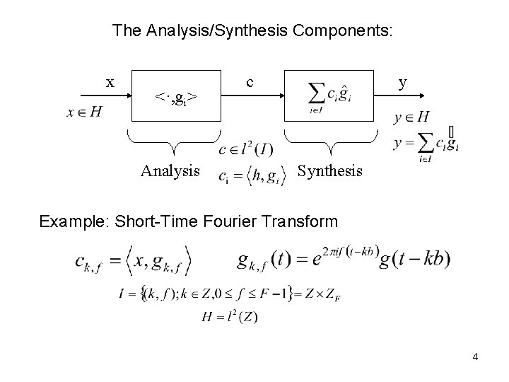 The Analysis/Synthesis Components: x <·, gi> Analysis c y Synthesis Example: Short-Time Fourier Transform