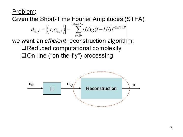Problem: Given the Short-Time Fourier Amplitudes (STFA): we want an efficient reconstruction algorithm: q.