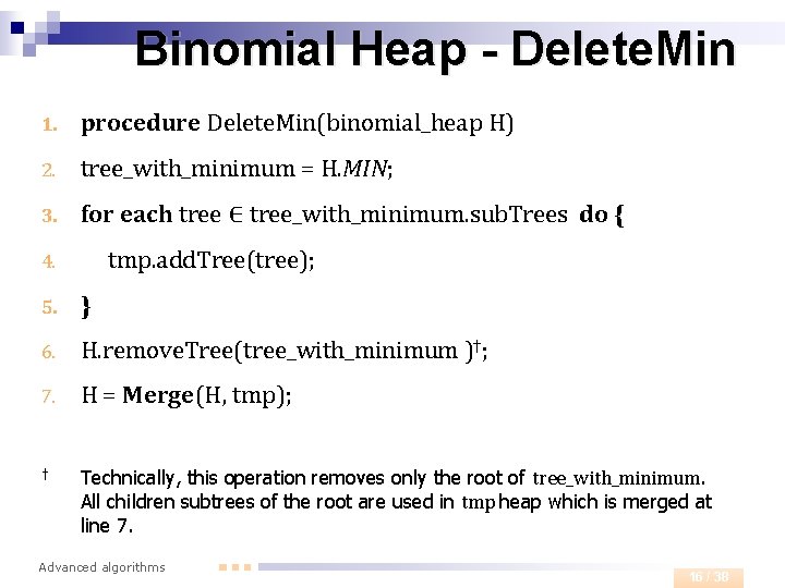 Binomial Heap - Delete. Min 1. procedure Delete. Min(binomial_heap H) 2. tree_with_minimum = H.