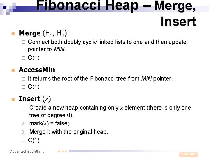 Fibonacci Heap – Merge, n Merge (H 1, H 2) Insert Connect both doubly