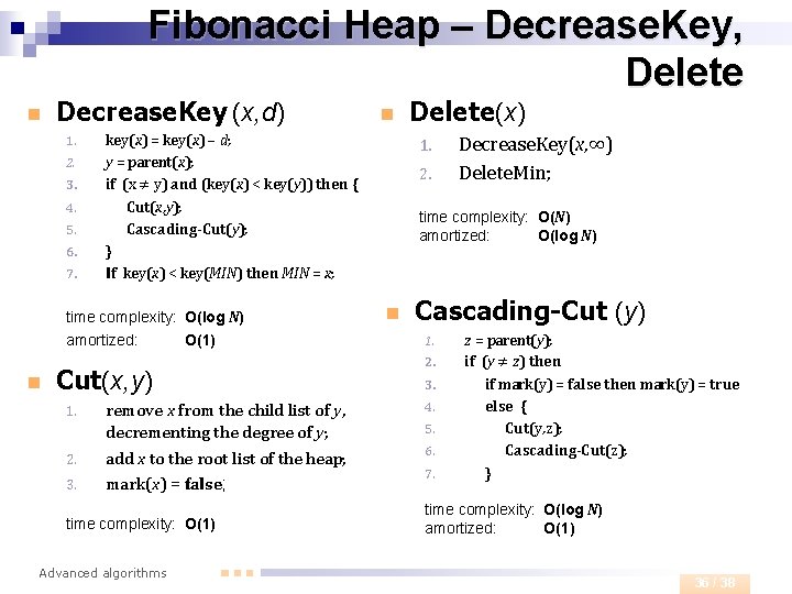 Fibonacci Heap – Decrease. Key, Delete n Decrease. Key (x, d) 1. 2. 3.