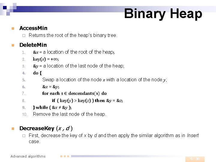 Binary Heap n Access. Min ¨ n Delete. Min 1. 2. 3. 4. 5.