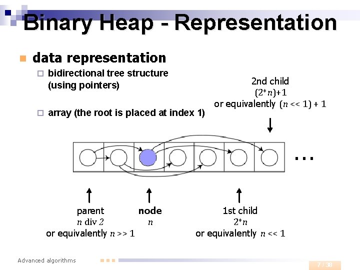 Binary Heap - Representation n data representation ¨ bidirectional tree structure (using pointers) ¨