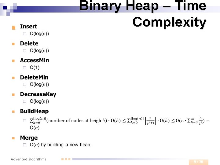 n Advanced algorithms Binary Heap – Time Complexity 9 / 38 