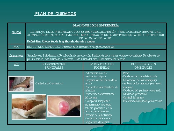 PLAN DE CUIDADOS DIAGNÓSTICO DE ENFERMERÍA NANDA DETERIORO DE LA INTEGRIDAD CUTANEA R/C HUMEDAD,