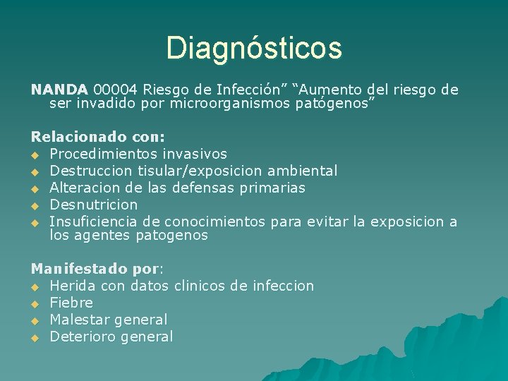 Diagnósticos NANDA 00004 Riesgo de Infección” “Aumento del riesgo de ser invadido por microorganismos