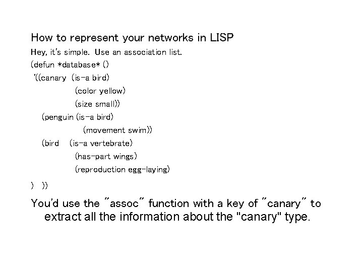 How to represent your networks in LISP Hey, it's simple. Use an association list. How to represent your networks in LISP Hey, it's simple. Use an association list.