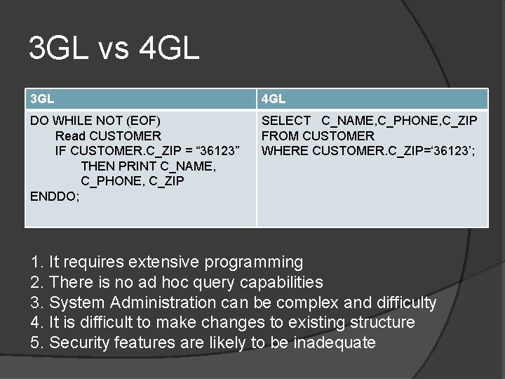 3 GL vs 4 GL 3 GL 4 GL DO WHILE NOT (EOF) Read