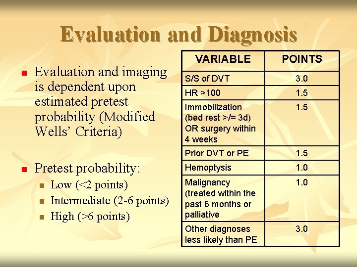 Evaluation and Diagnosis n n Evaluation and imaging is dependent upon estimated pretest probability