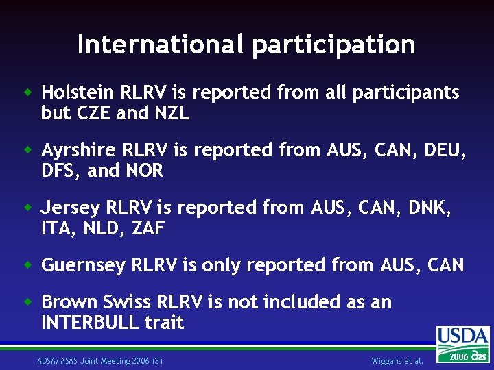 International participation w Holstein RLRV is reported from all participants but CZE and NZL