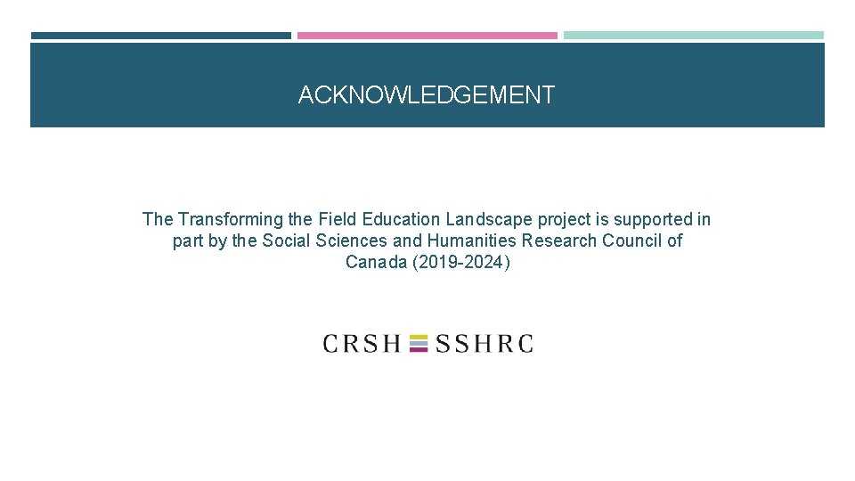 ACKNOWLEDGEMENT The Transforming the Field Education Landscape project is supported in part by the ACKNOWLEDGEMENT The Transforming the Field Education Landscape project is supported in part by the
