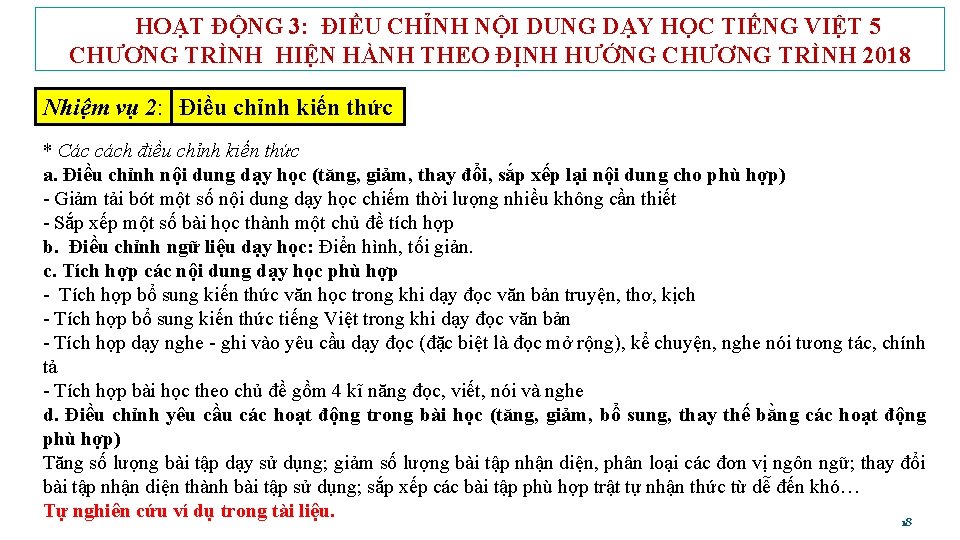 HOẠT ĐỘNG 3: ĐIỀU CHỈNH NỘI DUNG DẠY HỌC TIẾNG VIỆT 5 CHƯƠNG TRÌNH