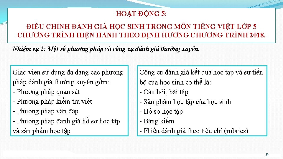 HOẠT ĐỘNG 5: ĐIỀU CHỈNH ĐÁNH GIÁ HỌC SINH TRONG MÔN TIẾNG VIỆT LỚP