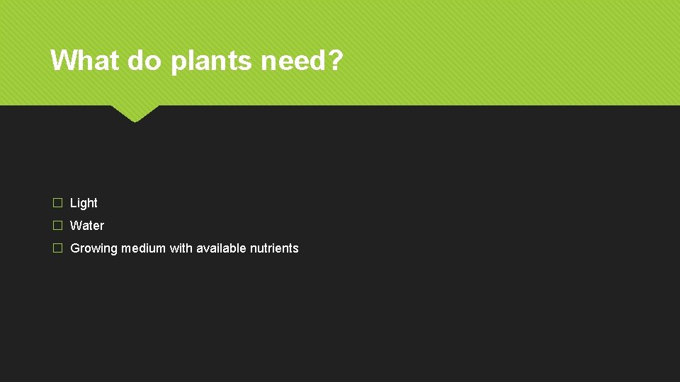 What do plants need? � Light � Water � Growing medium with available nutrients
