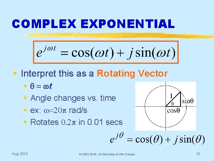COMPLEX EXPONENTIAL § Interpret this as a Rotating Vector § § Aug 2016 q