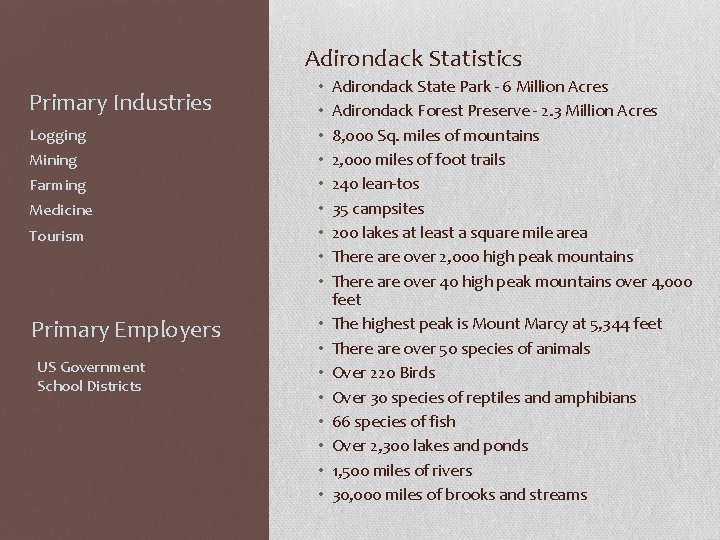 Adirondack Statistics Primary Industries Logging Mining Farming Medicine Tourism Primary Employers US Government School
