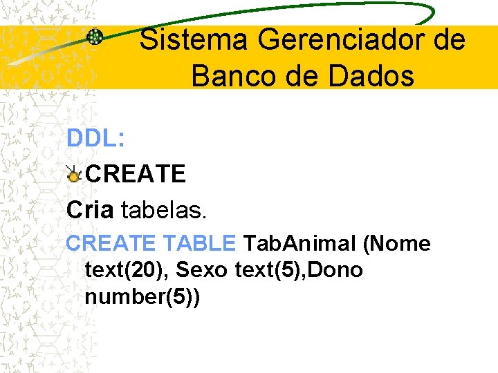 Sistema Gerenciador de Banco de Dados DDL: CREATE Cria tabelas. CREATE TABLE Tab. Animal