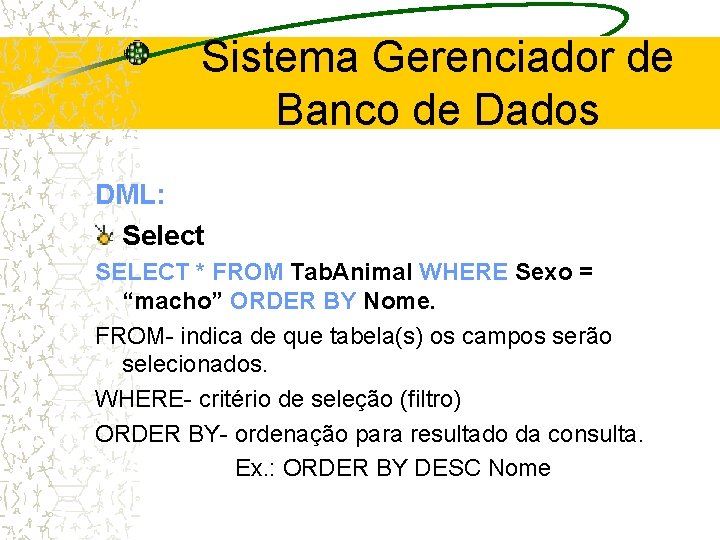 Sistema Gerenciador de Banco de Dados DML: Select SELECT * FROM Tab. Animal WHERE